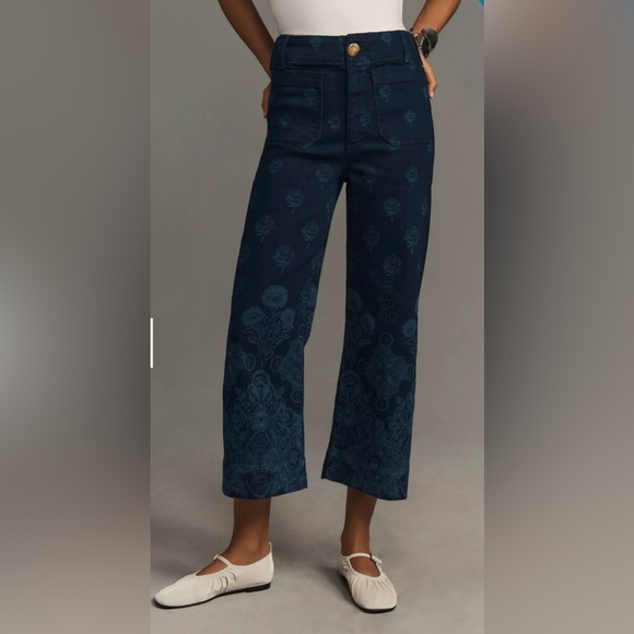 Anthropologie Maeve Colette Floral Print Denim Pants 32 Wide Leg High Rise - Picture 3 of 11